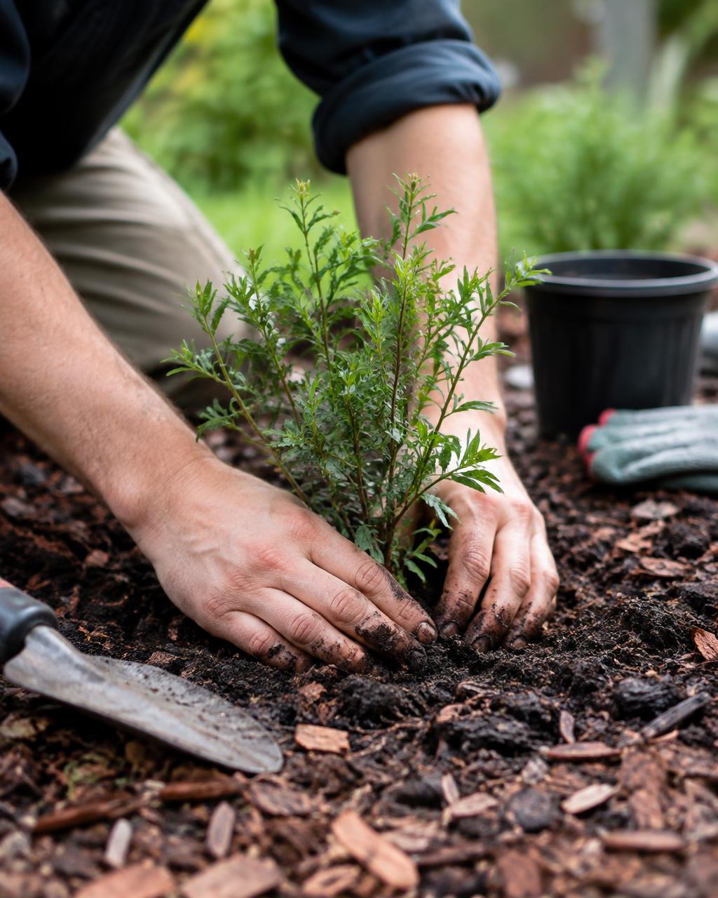 Landscaper planting a shrub into fresh soil and mulch