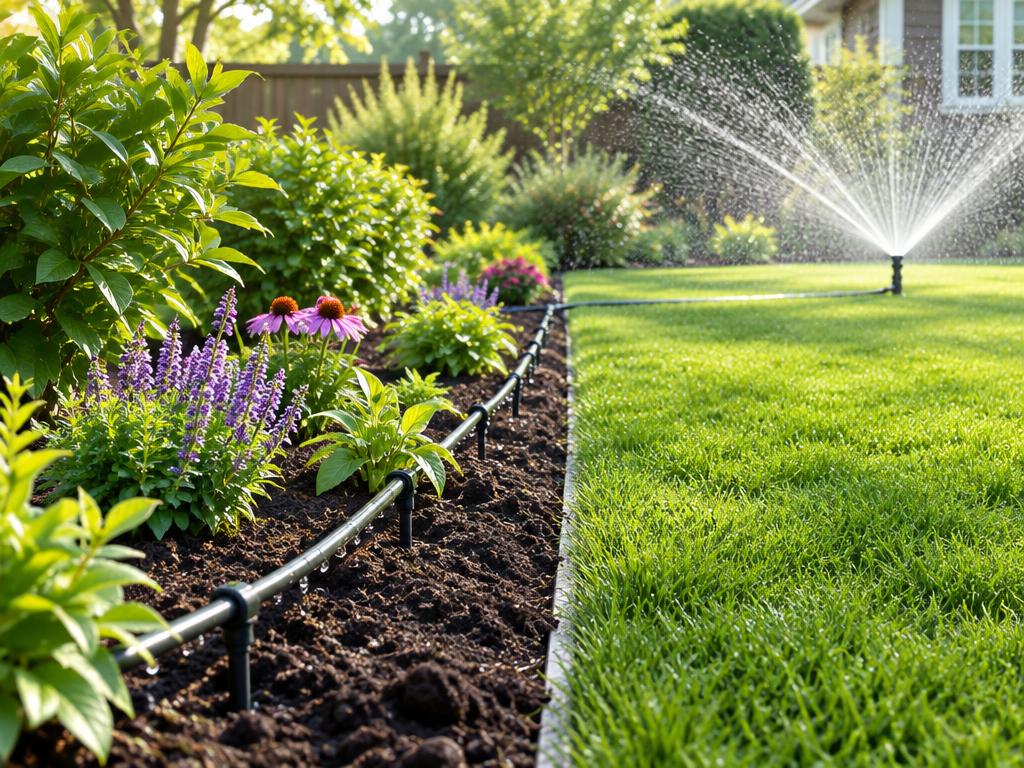 Drip and sprinkler irrigation watering a garden