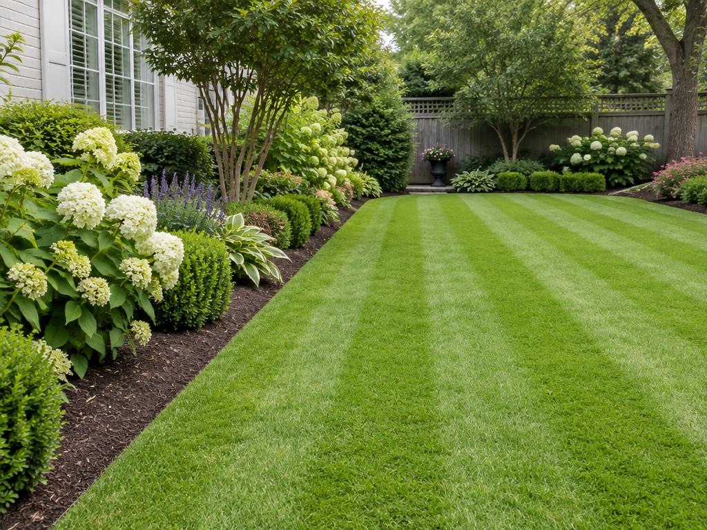Freshly mowed striped lawn with planting beds
