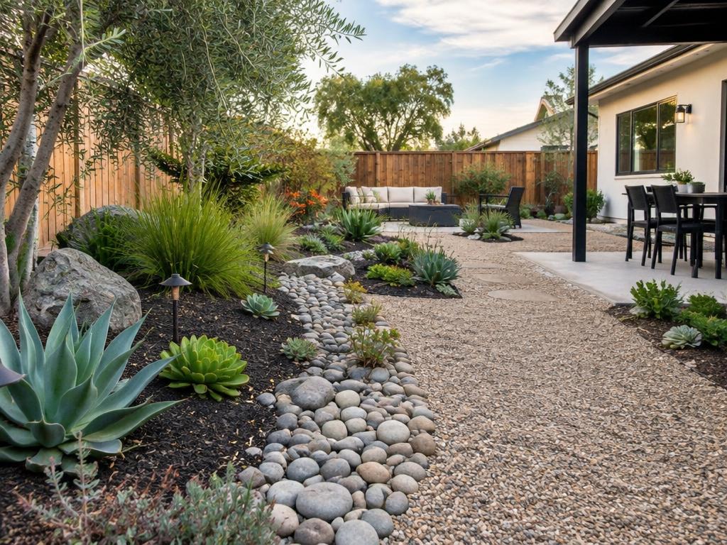 Backyard with decorative rock and gravel paths